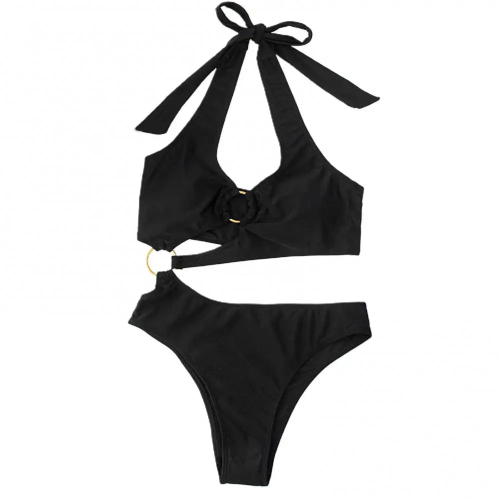 Womens Halter Hollow Out O Ring Swimsuit