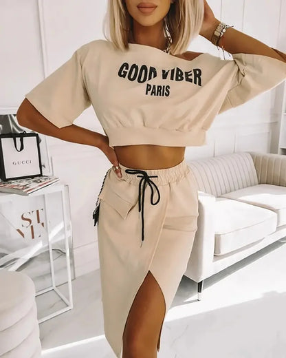 Womens Good Viber Letter Skirt and Blouse Set