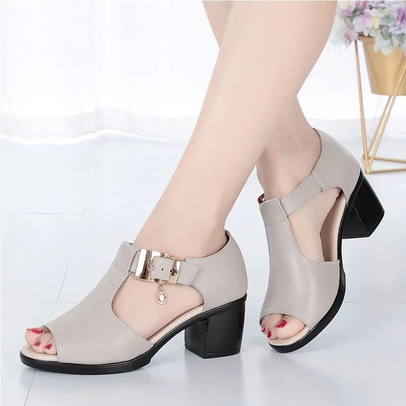 Womens Fish Mouth Chunky Heel Casual Sandals